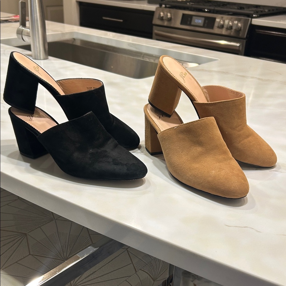 J. Crew Black and Tan Block Heel Mules